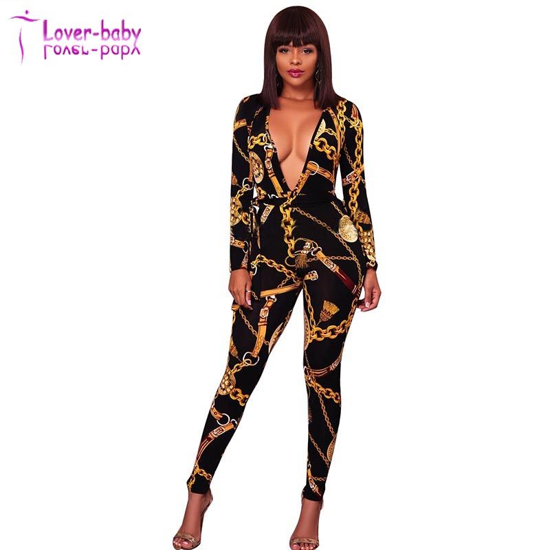 Sexy Deep V Neck Gold Chain Print Skinny Jumpsuit