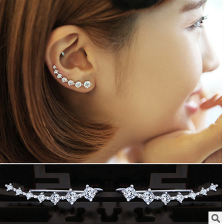 7 Crystals Ear Cuffs Hoop Climber S925 Sterling Silver Earrings Hypoallergenic Earring