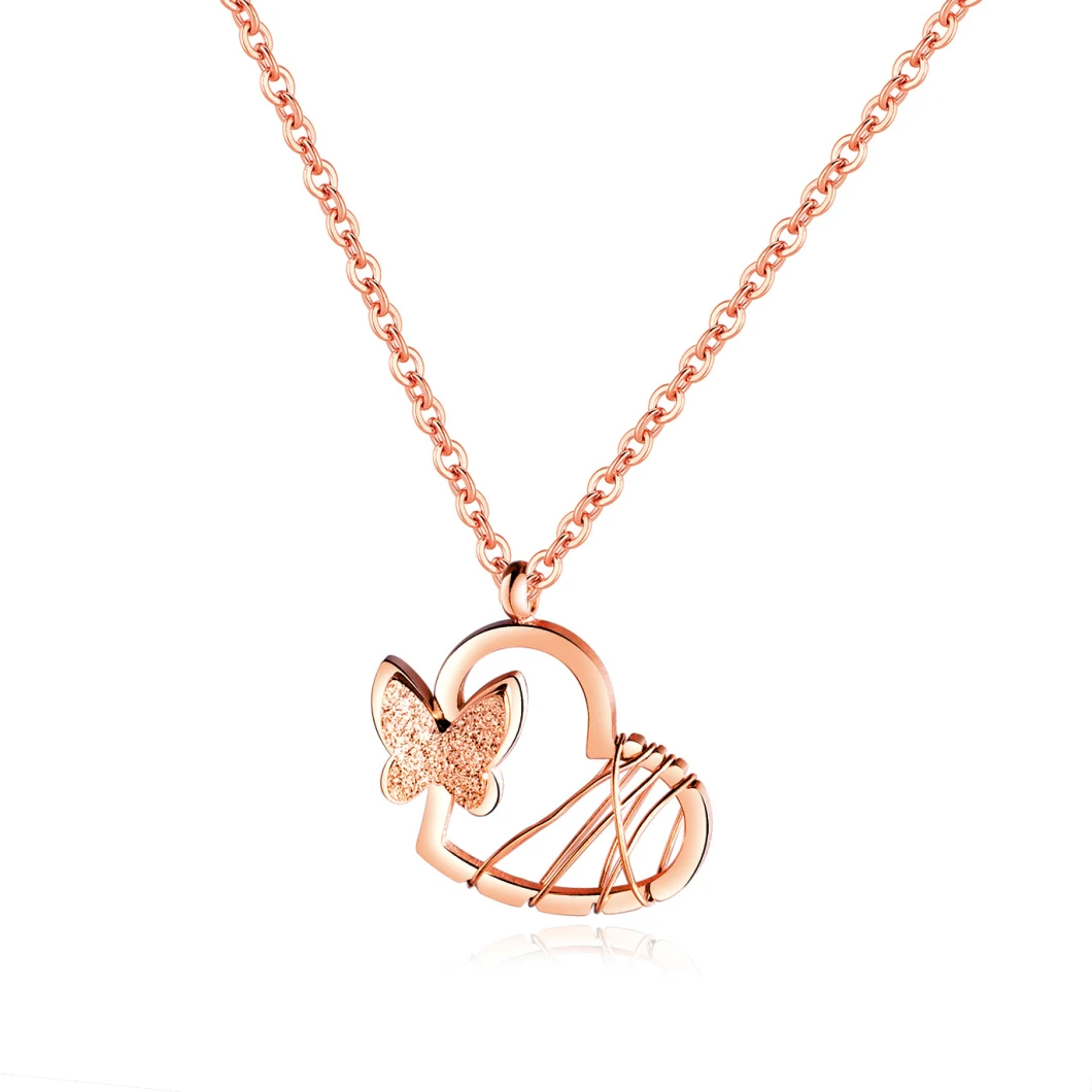 Gold Plated Stainless Steel Love Frosted Three-Dimensional Small Butterfly Necklace