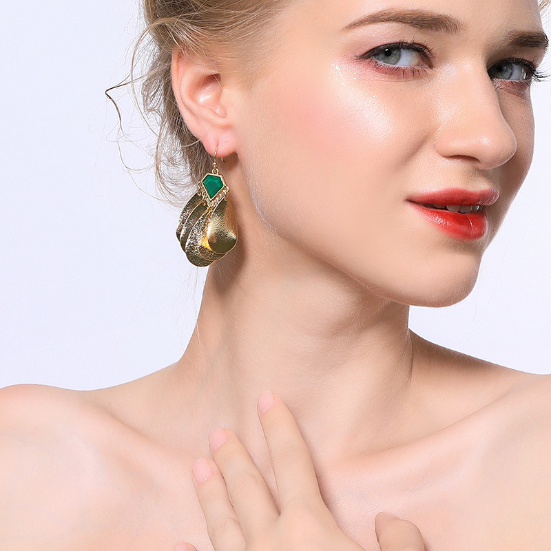 Gold Plated Women's Creative Sequin Gemstone Tassel Dangle Hook Earrings