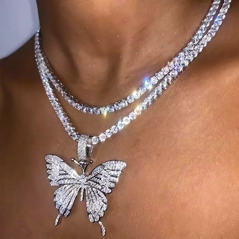 Fashion Hiphop Diamond Cuban Link Pink Butterfly Necklace Pendant Chain