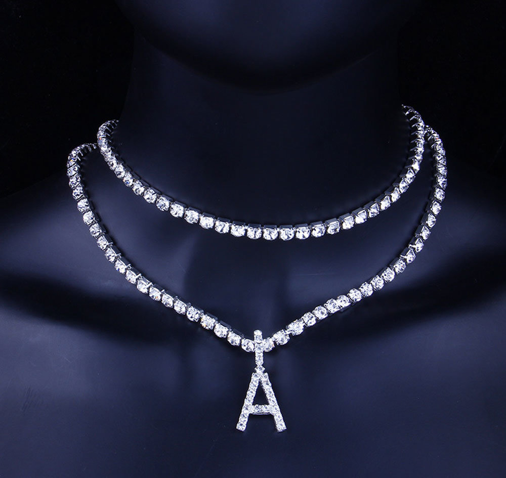 Chain & Letter Women Men Rock Hip Hop Bling Jewelry Iced out Alphabet Pendant Name Tennis Chain Rhinestone Initial Necklace