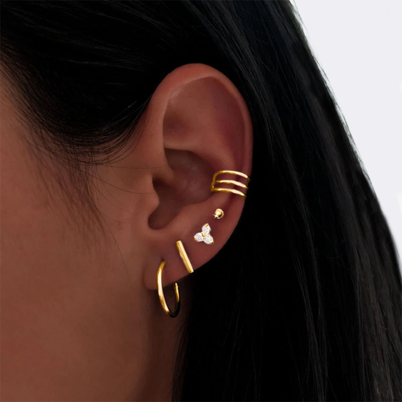 Fashion 925 Sterling Silver 18K Gold Plated Triple Band Ear Cuff Minimalist Earring