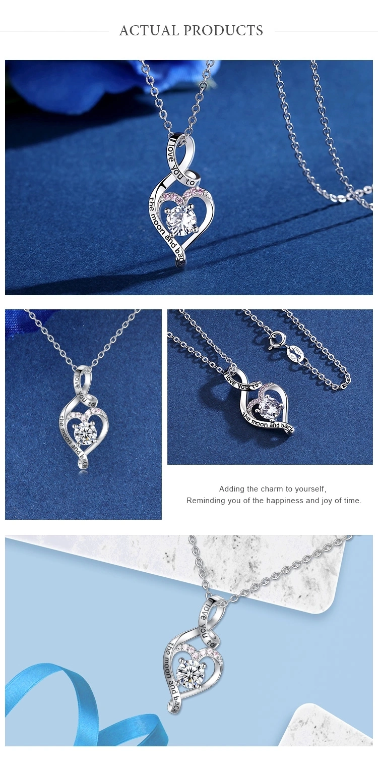 925 Sterling Silver CZ I Love You to The Moon and Back Heart Necklace