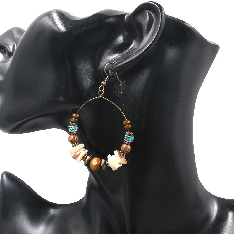Trendy Women Big Hoop Shell Wood Beads Boho Drop Earrings