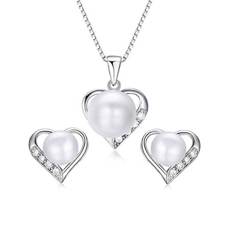 Heart Shape 925 Silver Jewelry Set with Natural Pearl