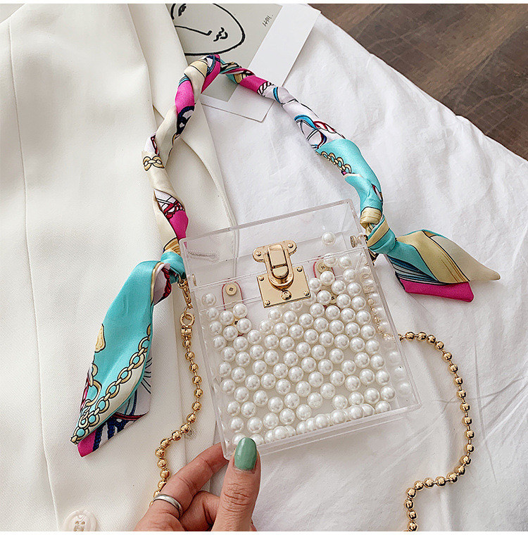 Custom Acrylic Handbag Clutch Bag with Pearl Metal Chain for Girls