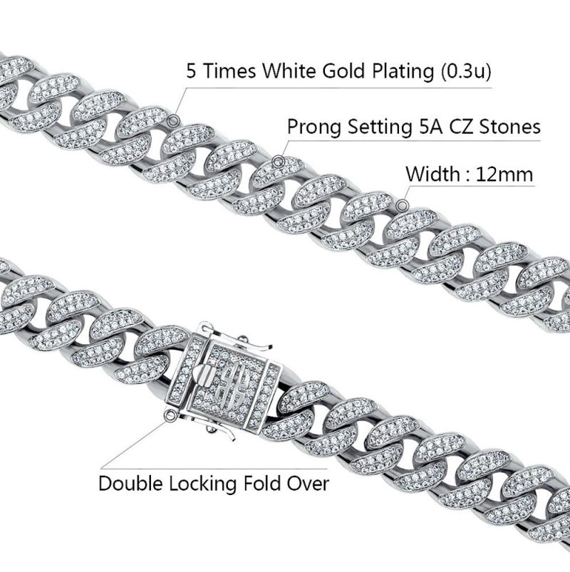 Hip Hop Jewelry 12mm White Gold Plated Iced out Cuban Link CZ Prong Cuban Link Chain Necklace Diamond Cuban Chain
