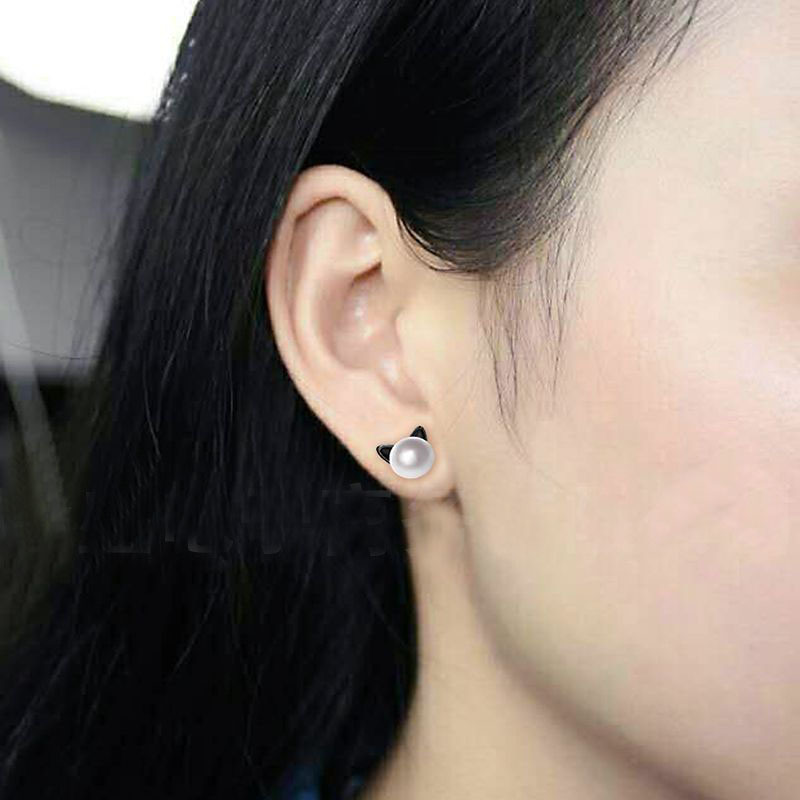 Cute 925 Sterling Silver Cat Ear Earrings Freshwater Cultured Pearl Stud Earrings for Women Girls