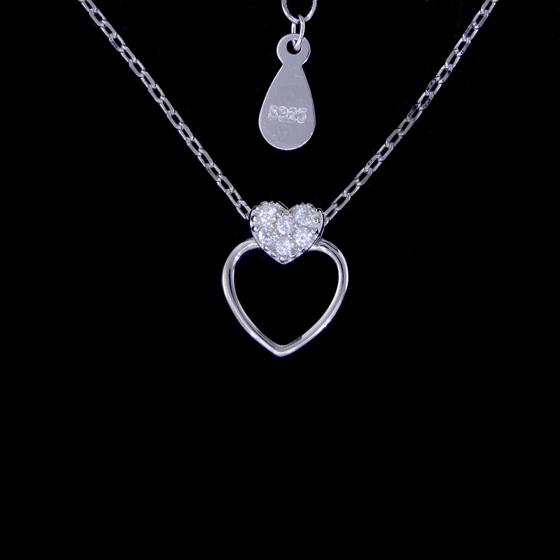 Fashion Two Heart Diamond Real Silver Zirconia Necklace for Girls