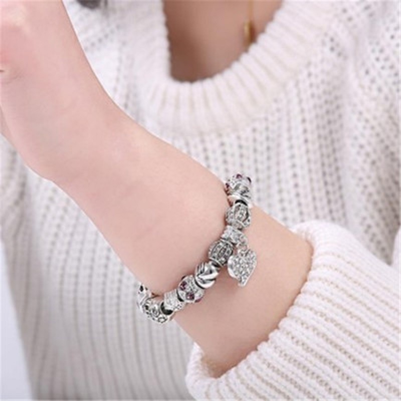 Bangle Bracelet with Heart Pendant, Charm Beaded Bracelets for Teens Girls and Women Esg13388
