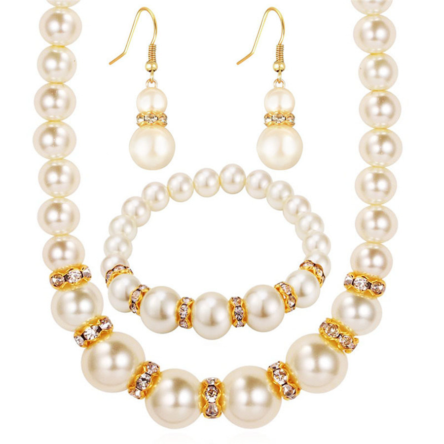 Pearl Beads Jewelry Set Necklace Pendant Bracelet Earring Kit Clear Rhinestone Pearl Bridal Wedding Jewelry Set