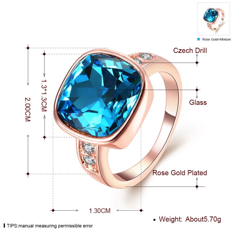 Foreign Trade Sale Blue Glass Czech Drill Ring Rose Gold Plated Fashion Jewelry