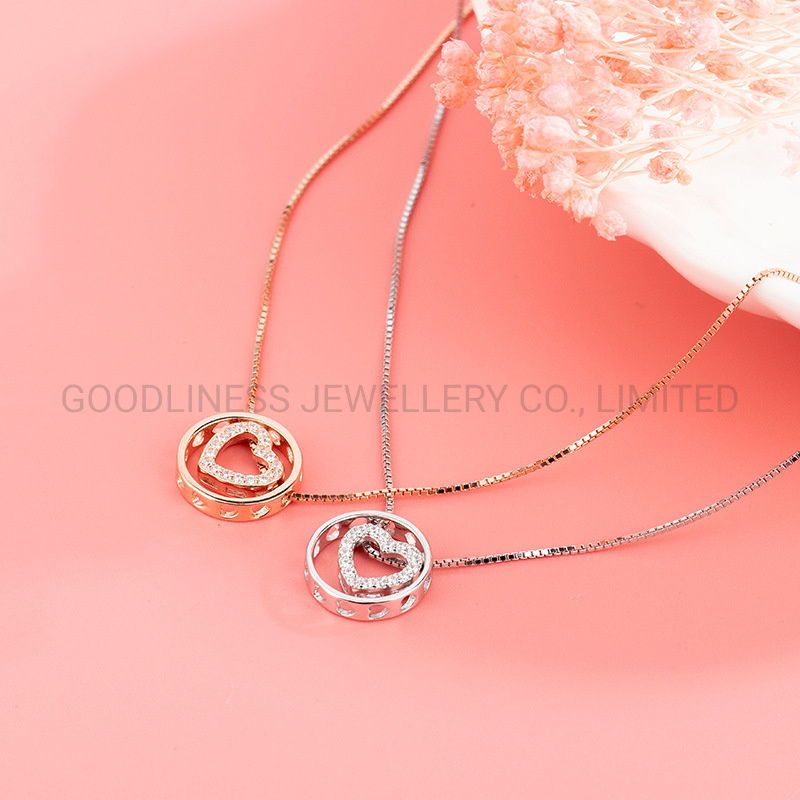 Women's S925 Sterling Silver Diamond Heart Shaped Pendant Necklace