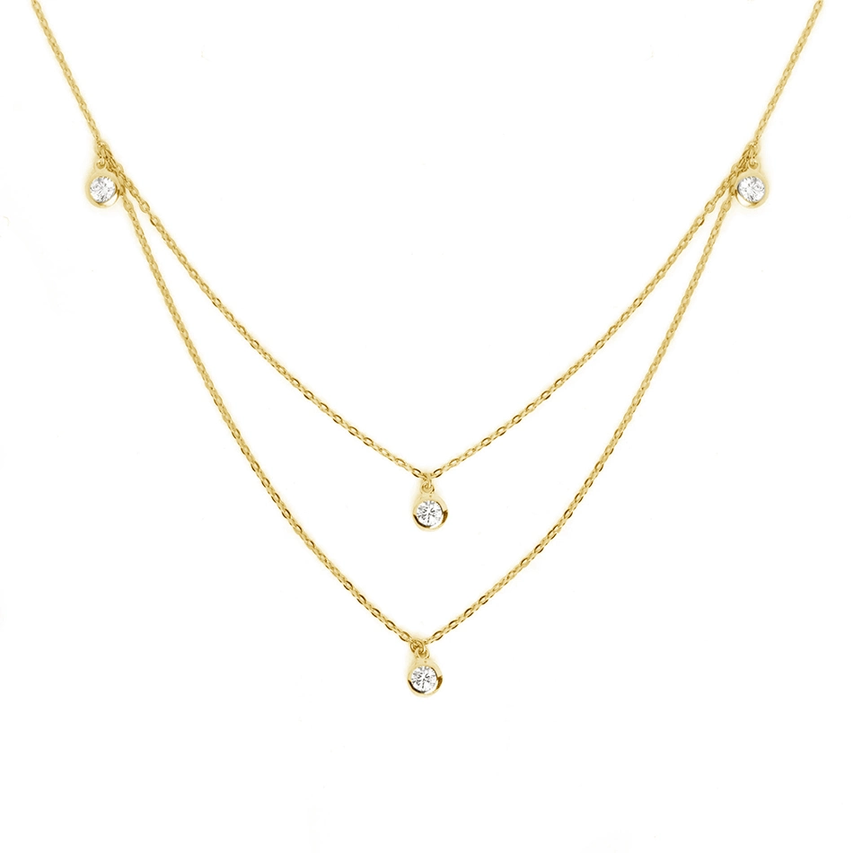18K Gold Plated 925 Sterling Silver Double Chain Pendant 4 Spark Stone Gold Necklace