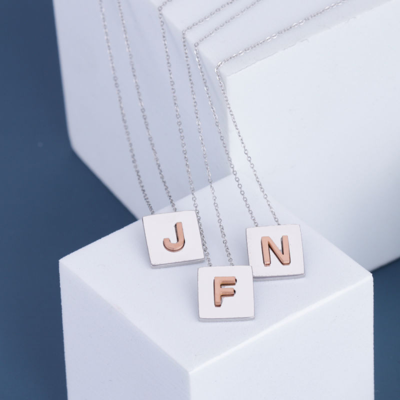 Stainless Steel Square Brand Gold-Plated English 26 Letters Necklace