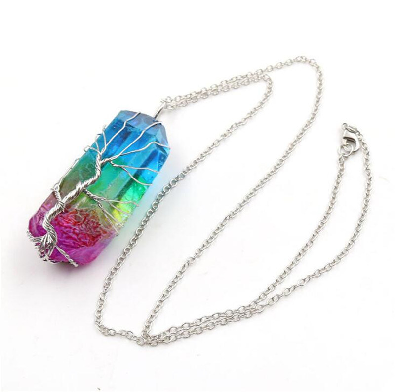 New Natural White Crystal Plated Hexagonal Column Unique Colorful Life Tree Pendant Necklace