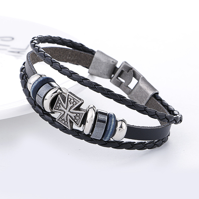 Fashion Accessories Leather Bracelet Jewelry Beaded with Cross Pendant for Promotion Gift