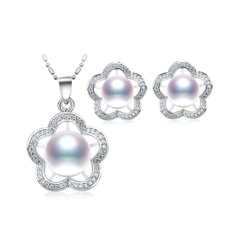 Flower Shape 925 Silver Jewelry Set Natural Pearl
