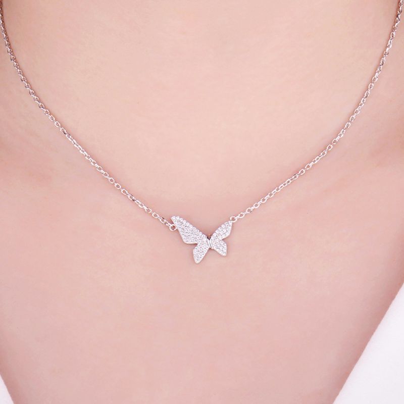 Fashion Jewelry 925 Sterling Silver Cubic Zirconia Butterfly Pendant Necklace for Women Wholesale