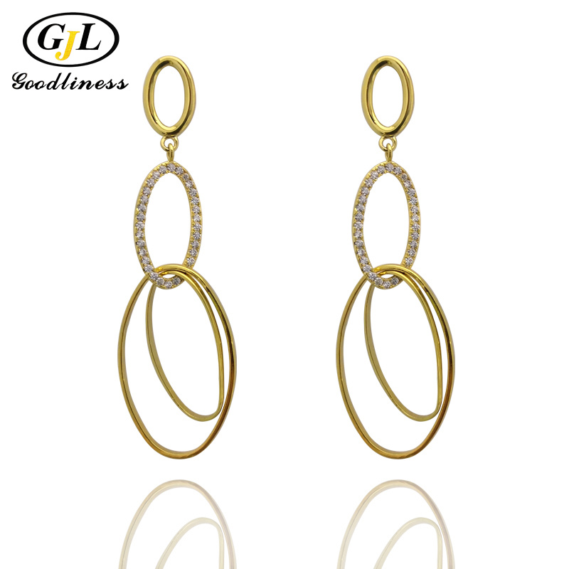 Hotsale Yellow Gold Plated 925 Sterling Silver Fine Jewelry Interlocking Oval Pave CZ Dangle Earrings (E8037)