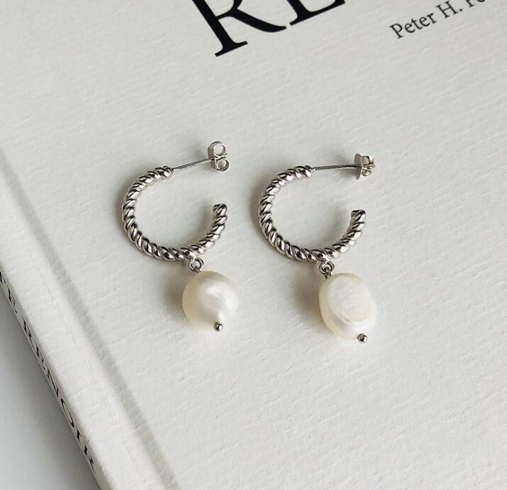 S925 Silver Jewelry Baroque Pearl Earrings European American Style Twisted Round Design Earrings Wholesale