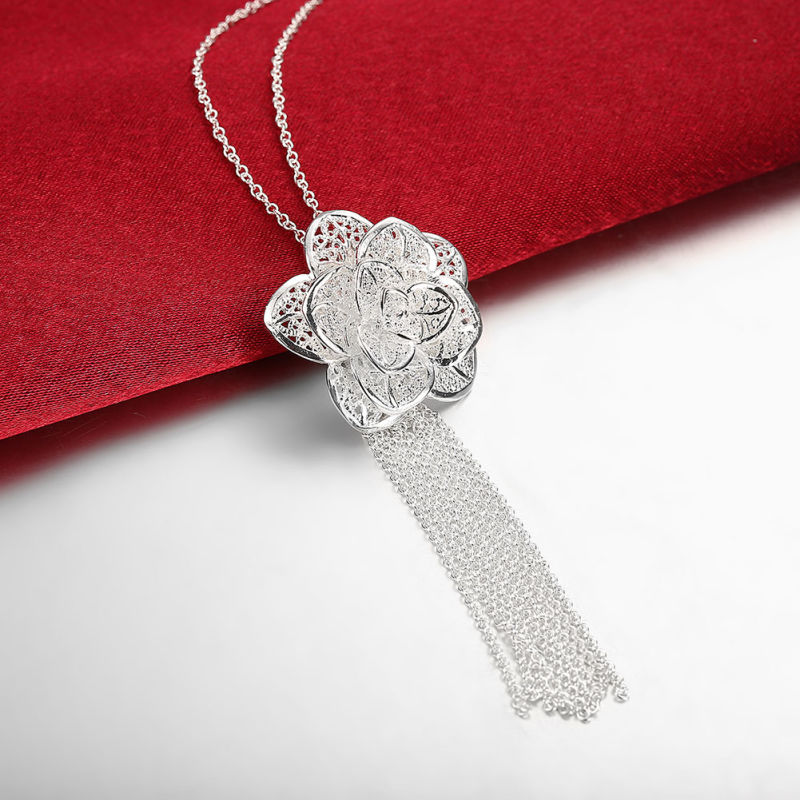 Rose Flower Pendant Women Jewelry Silver Plated Necklace