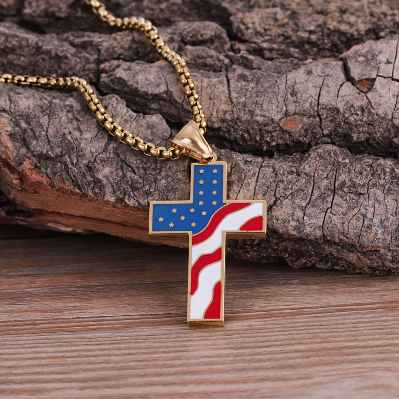 Gold Plated Stainless Steel Flag Cross Necklace