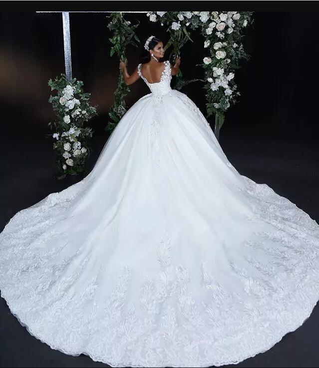 Sleeveless Bridal Ball Gown Lace Appliques V-Neck Wedding Dresses Lb2059