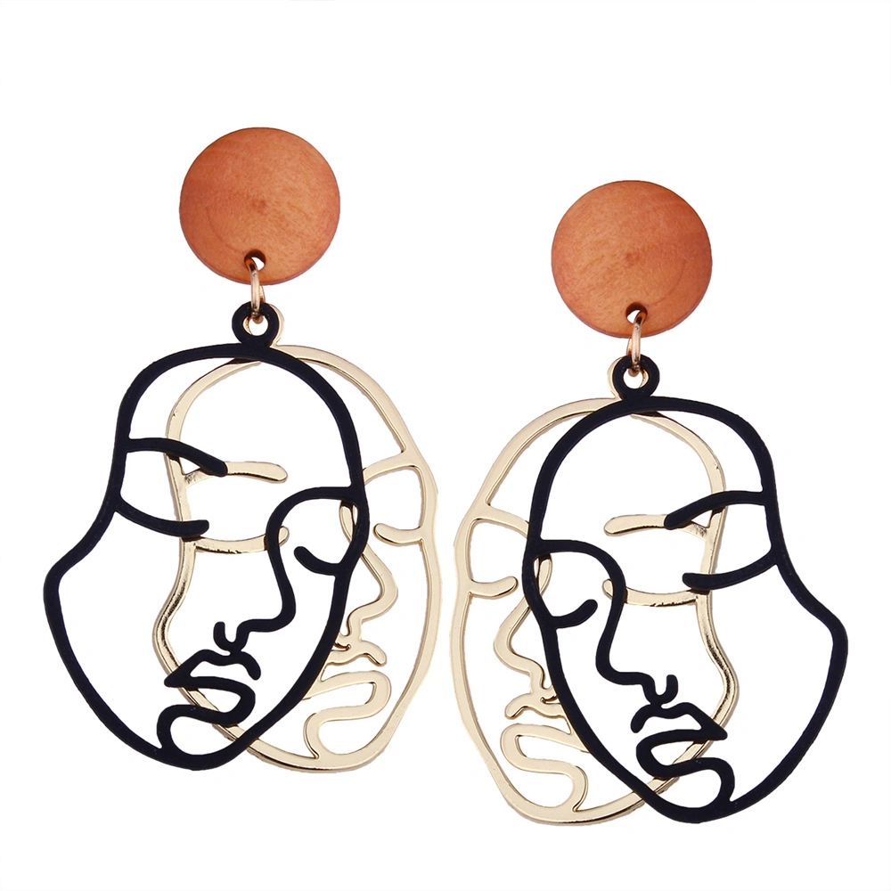 Personalized Charming Double Layers Hollow Face Dangle Earrings for Women Wood Face Drop Earrings Girls