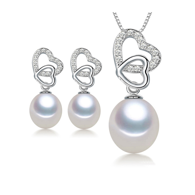 Double Heart 925 Silver Jewelry Set with Fresh Water Pearl