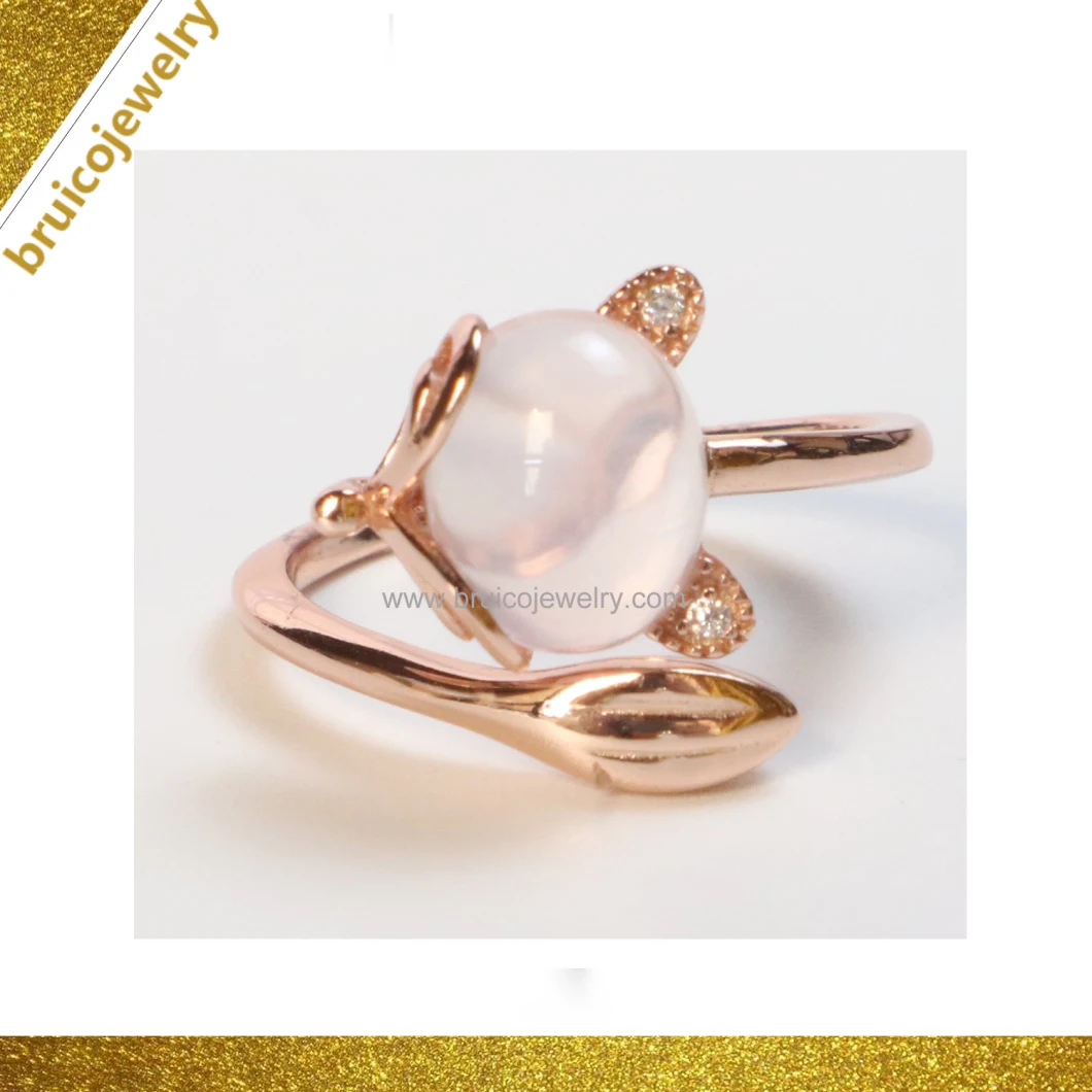 Synthetic Diamond Jewellery Sterling Silver 9K Gold Color Jewelry Ring with Rose Quartz