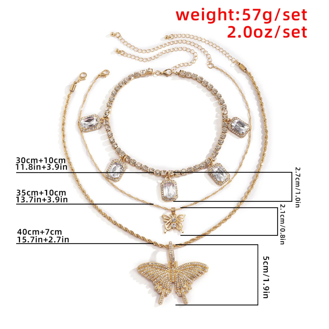 Vintage Square Gemstone Twist Chain Necklace Simple Ins Diamond Large Butterfly Necklace
