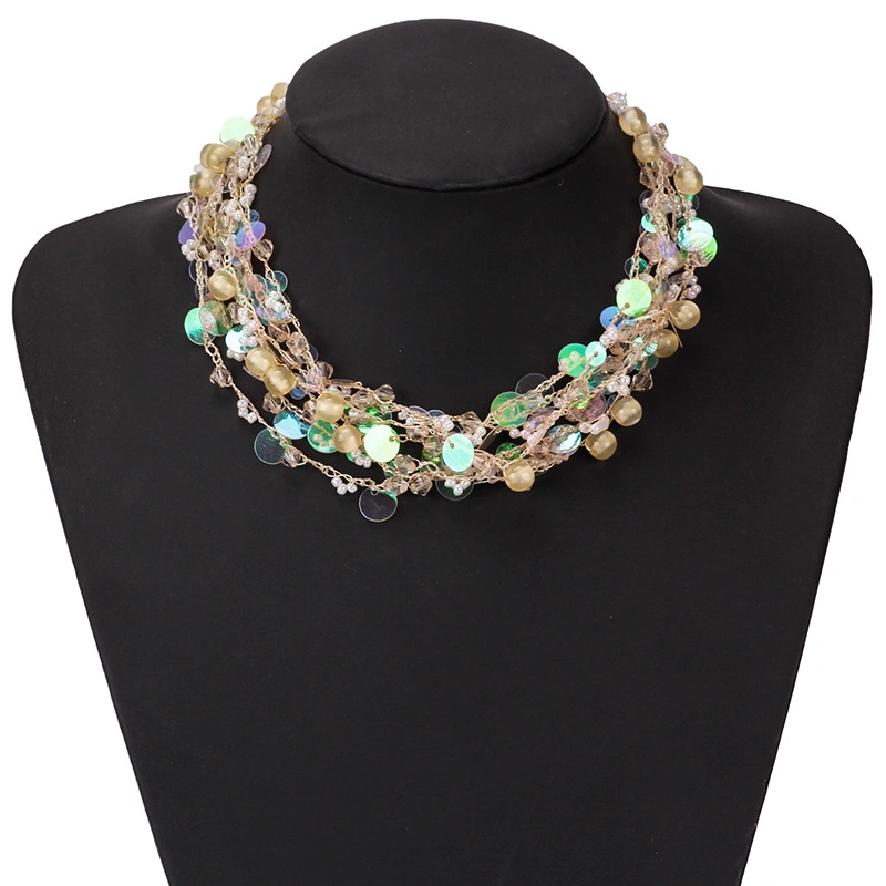 Fashion Jewelry for Women Handmade Multilayer Pearl Sequins Statement Simple Choker Necklace