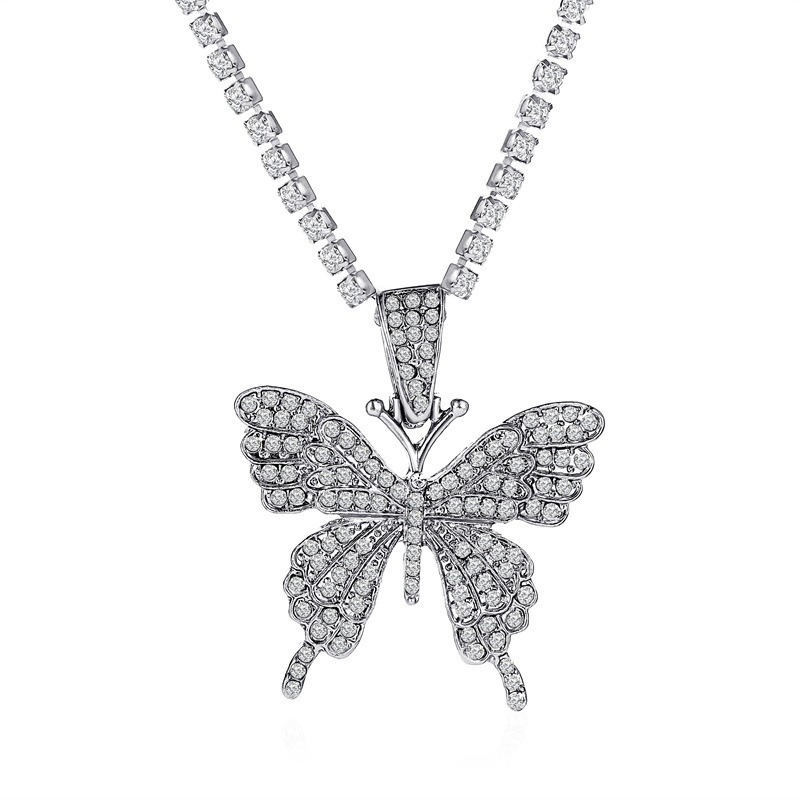 Fashion Hiphop Diamond Cuban Link Pink Butterfly Necklace Pendant Chain