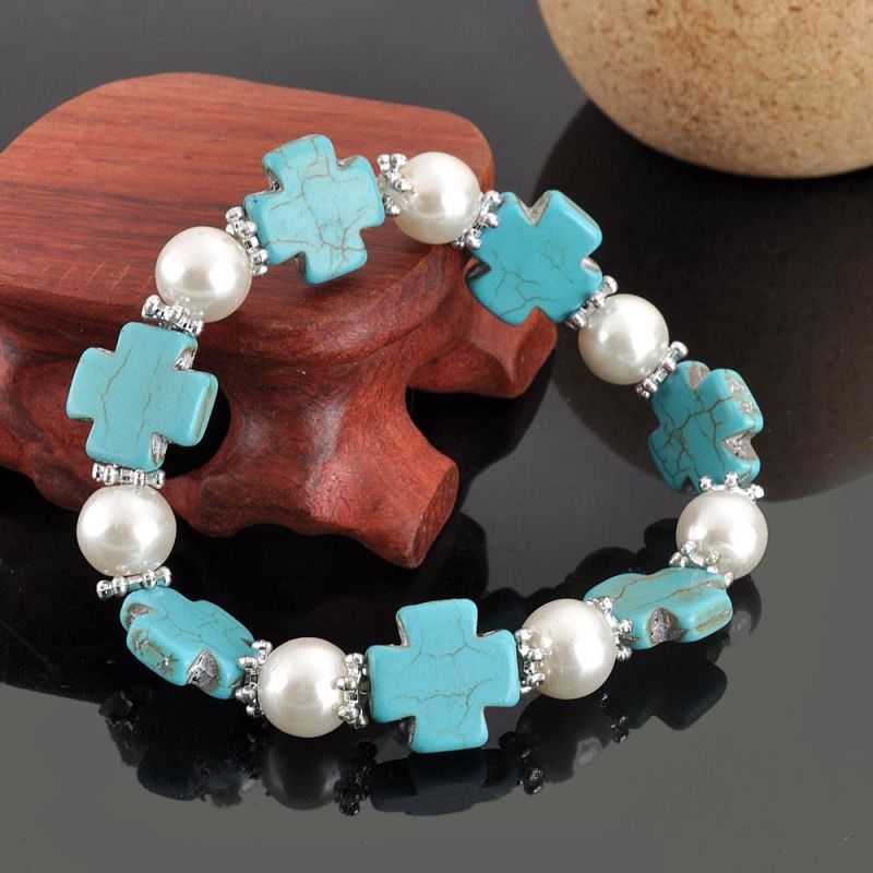 Handmade Cross Shape Turquoise Bead Pearl Bracelet