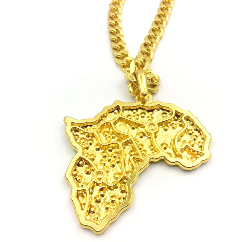 New Fashion Hiphop Jewelry Gold Plated Africa Map Crystal Pendants Long Chain Bling Bling Jewelry Necklace