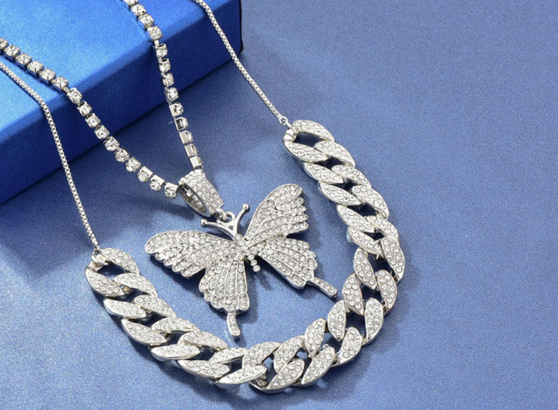Wholesale Trending Cuban Chain Multi Layer Diamond Butterfly Necklace