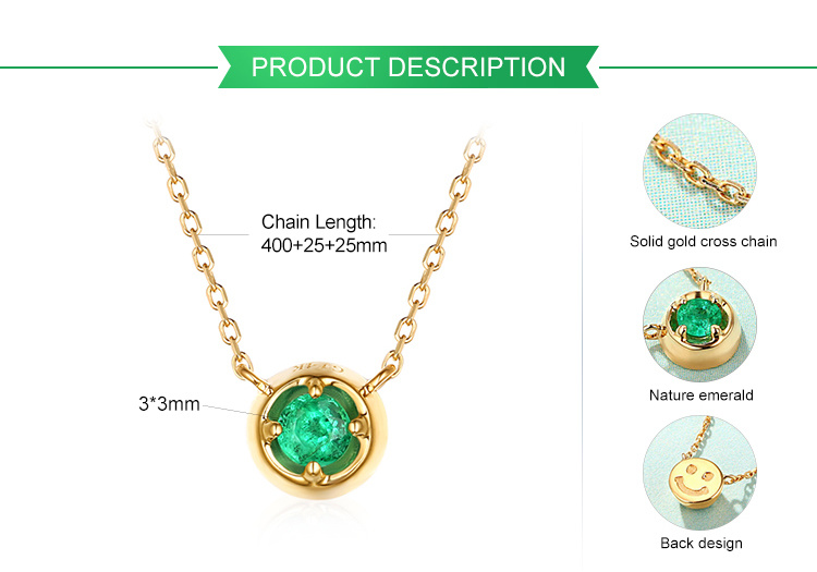 Women Fine Gold Necklace Round Simple Natural Emerald Necklace