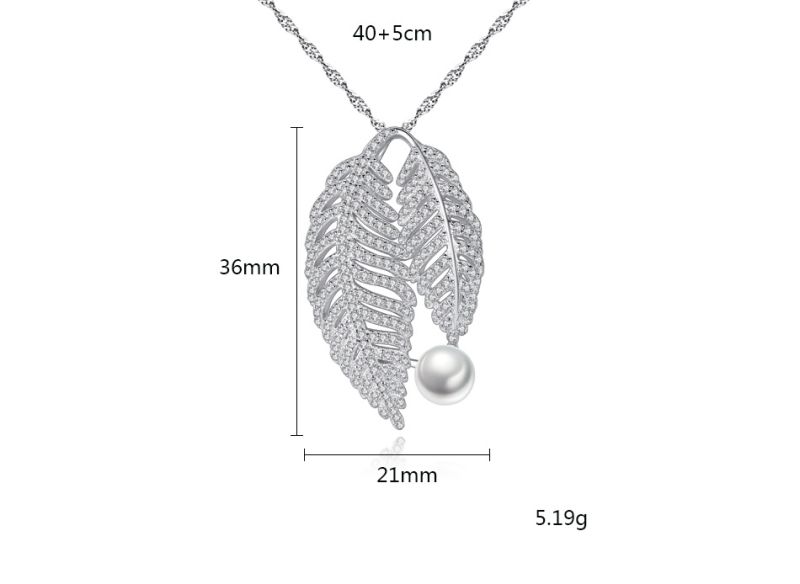 Design Cubic Zirconia Double Leaves Freshwater Pearl Silver Pendant Necklaces