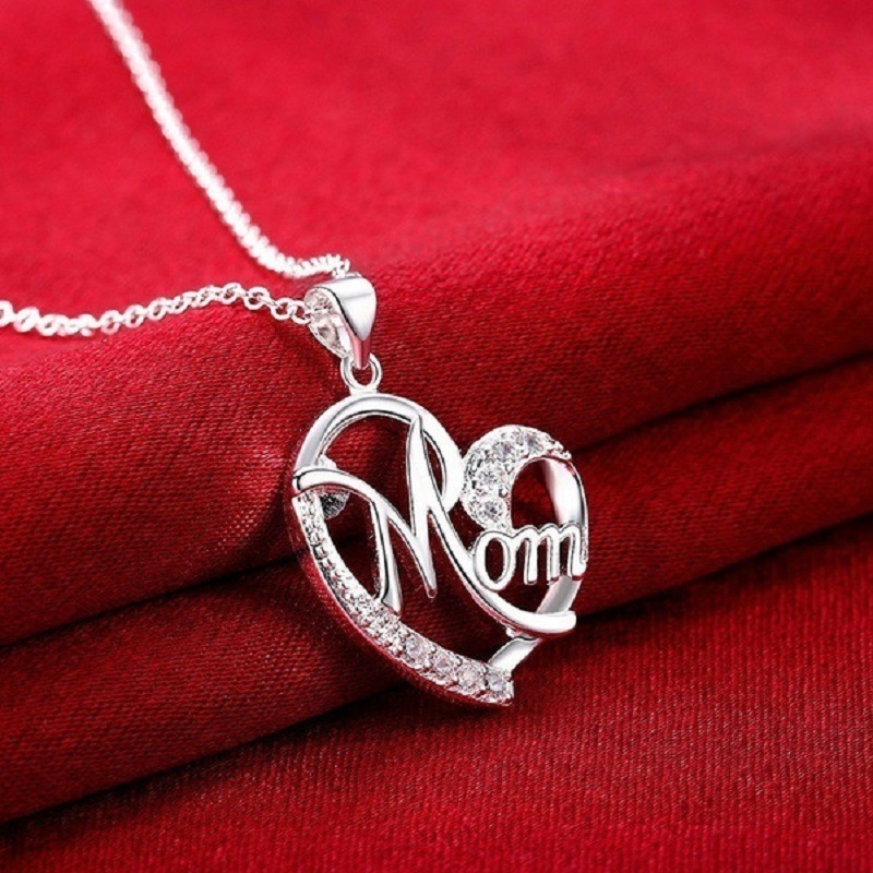 Mom Charm Necklace 925 Sterling Silver Cubic Zirconia Mother Infinity Love Heart Pendant Necklace Gift for Mother Grandmother Esg14258