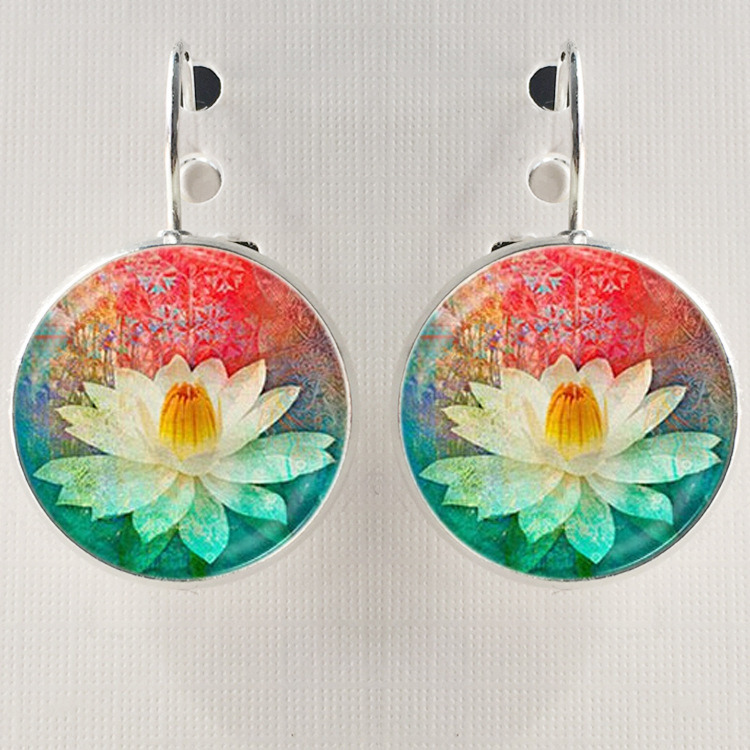 Lotus Mandala Fashion Earrings Jewelry Vintage Yoga Glass Cabochon Earring Symbol Buddhism Earrings