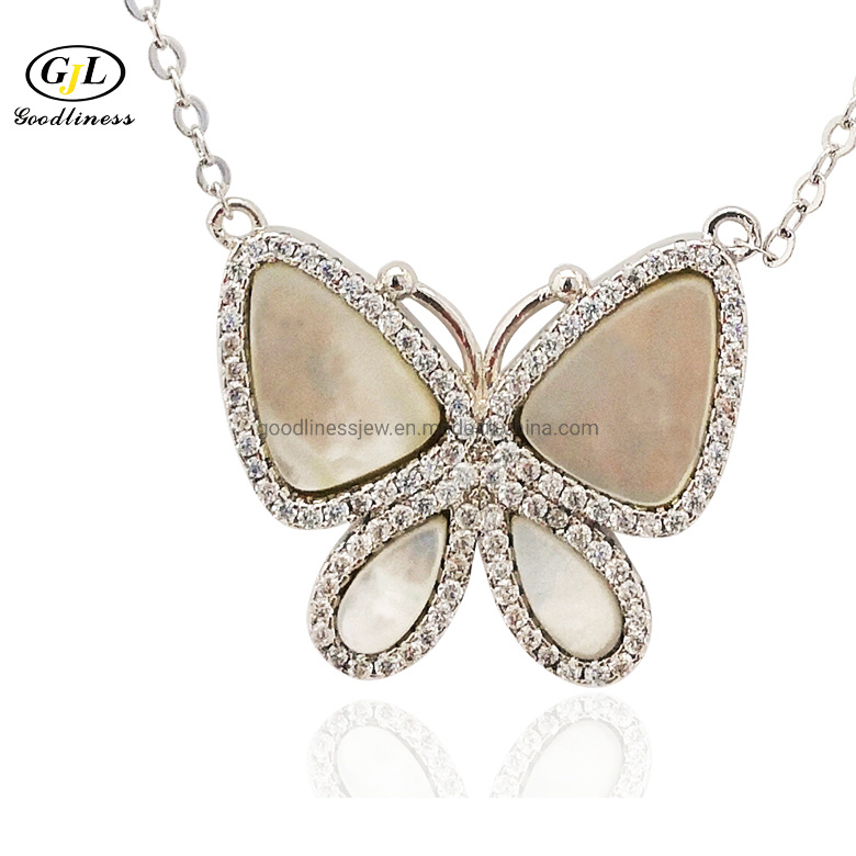Cubic Zirconia Mother of Pearl Butterfly Necklace Silver Jewelry