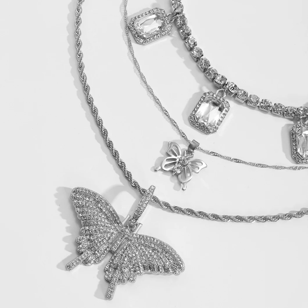 Vintage Square Gemstone Twist Chain Necklace Simple Ins Diamond Large Butterfly Necklace