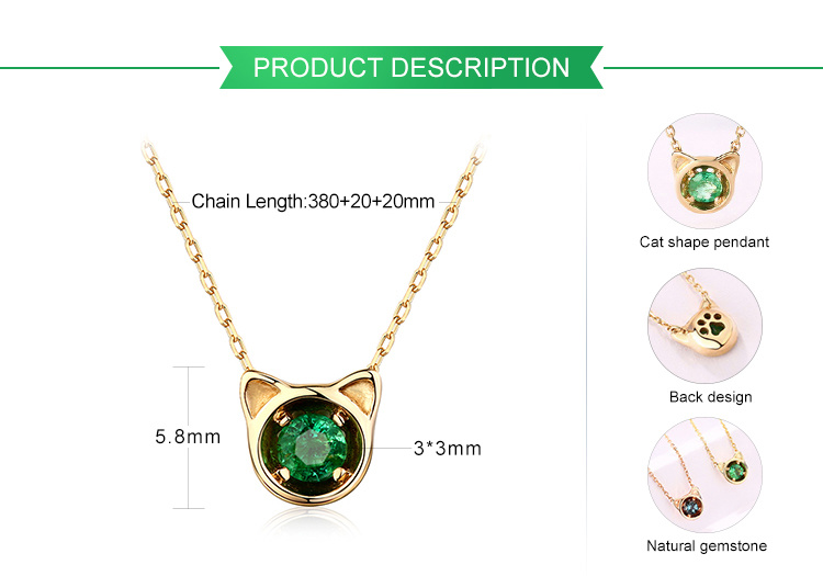 Cute Cat Shape Gemstone Necklace Womens Natural Emerald Gold Necklace