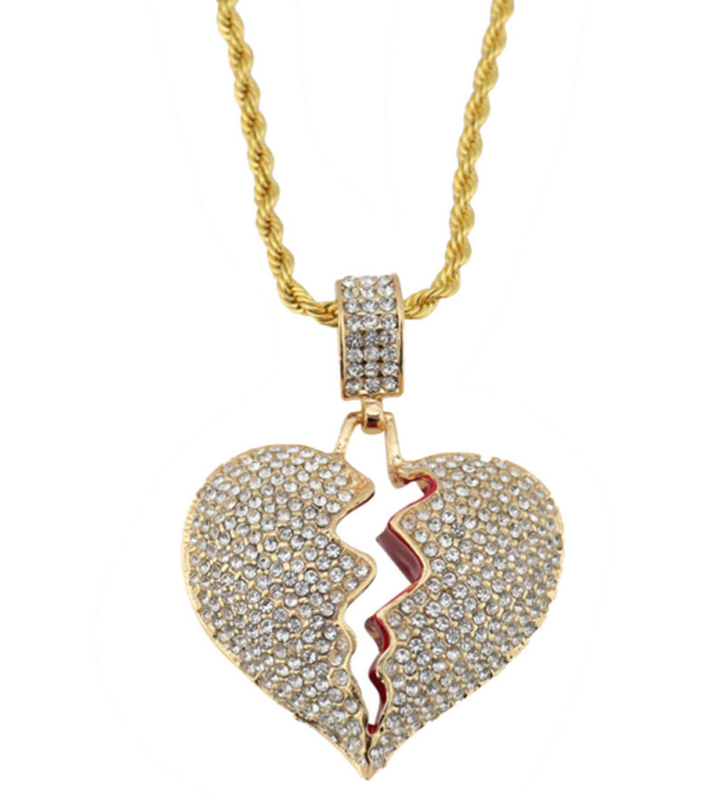 New Broken Heart Pendant Necklace Gold Silver Color Zirconia Hip Hop Necklace with Rope Chain for Men Jewelry