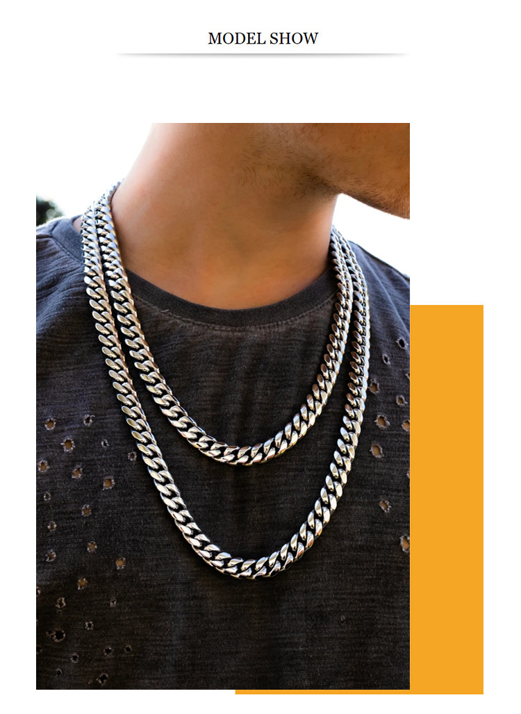 12mm Width Charm Mens Stainless Steel Cuban Link Necklace