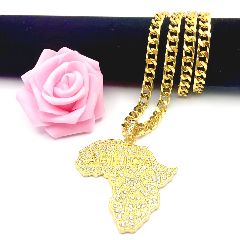New Fashion Hiphop Jewelry Gold Plated Africa Map Crystal Pendants Long Chain Bling Bling Jewelry Necklace