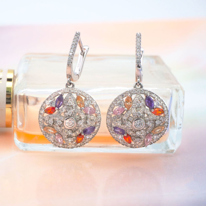 925 Sterling Silver Earrings Multicolor Cubic Zircon Paved Round Women Earrings Dangling Earrings