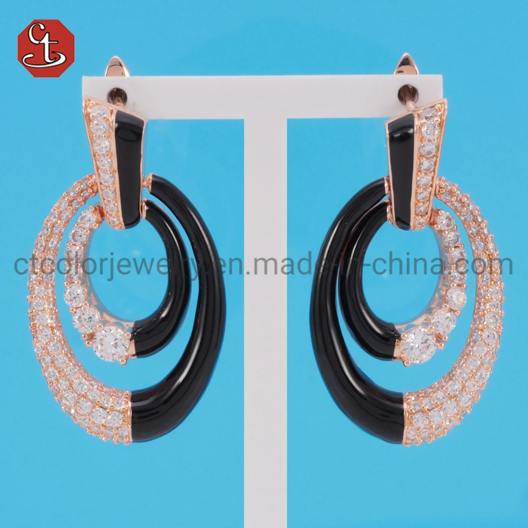 Black Enamel Oval Earring Pave 3A CZ Brass or Silver Earring Sterling 925 Silver Jewellery